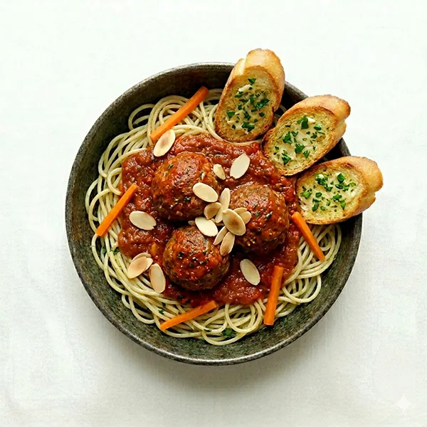 Italian Beef Meatballs with Basil Spaghetti and Garlic Crostini